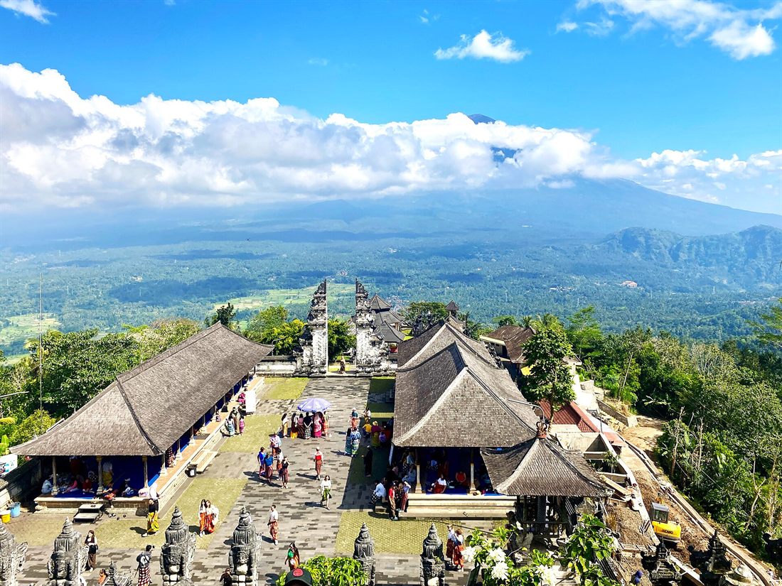 Temple pavilions at Pura Lempuyang with Mount Agung behind