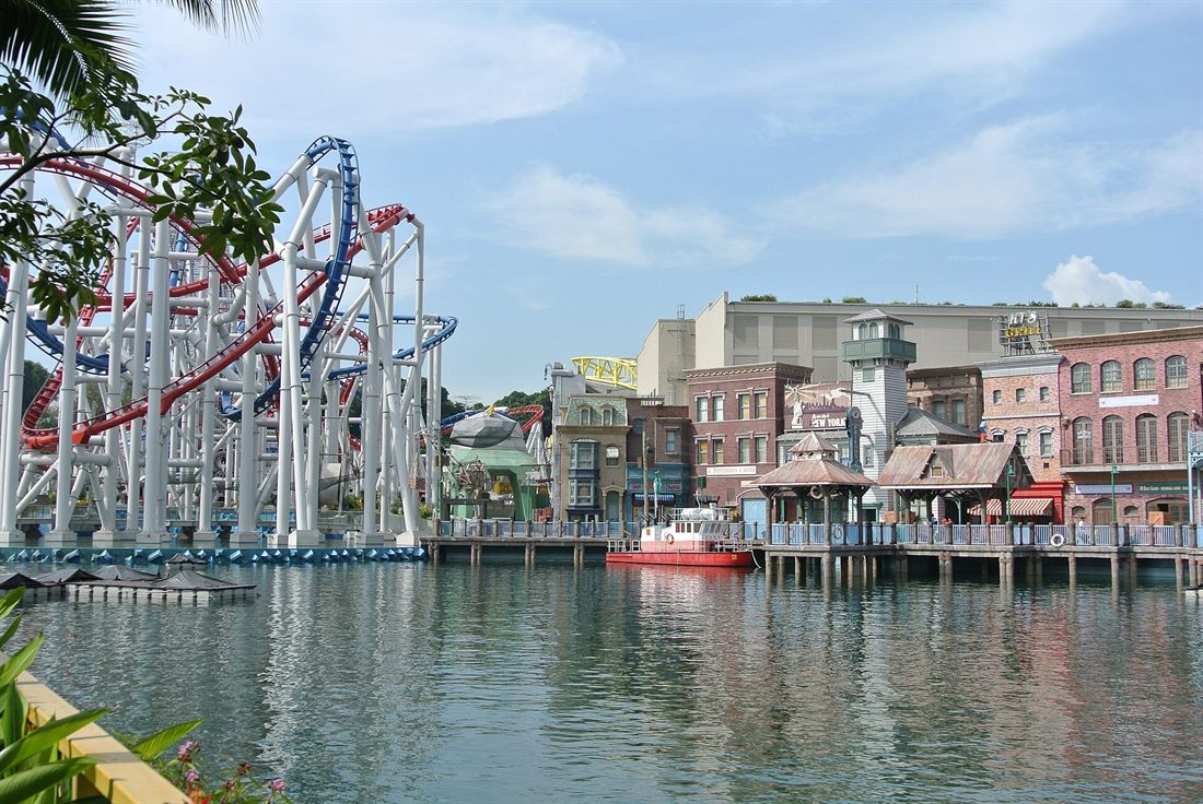 Rollercoaster and lakeside street sets at Universal Studios Singapore