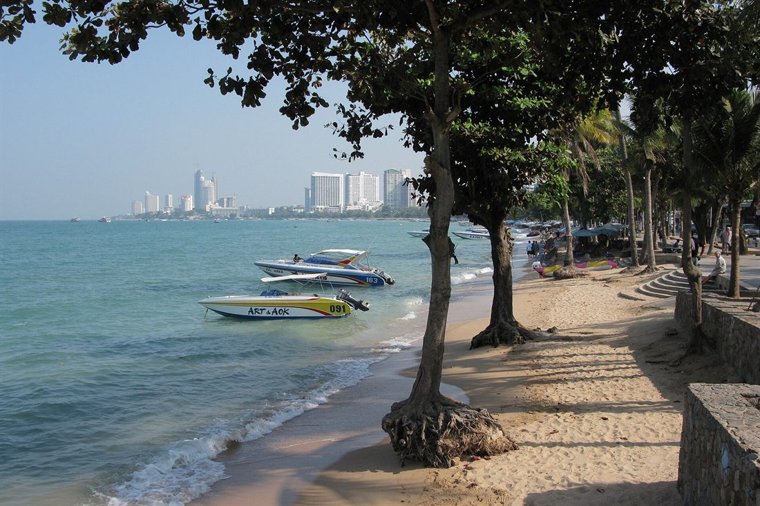 Palm-lined shoreline at Pattaya Beach, Thailand