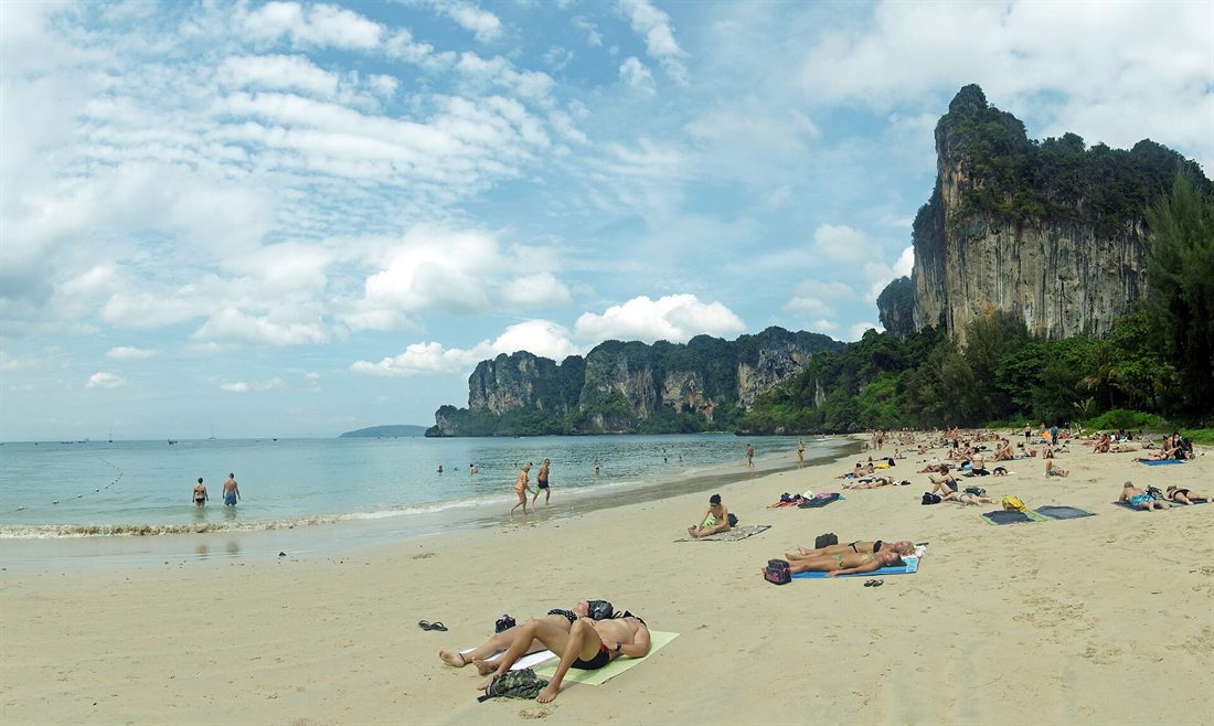 Limestone cliffs above the sand at Railay Beach, Krabi