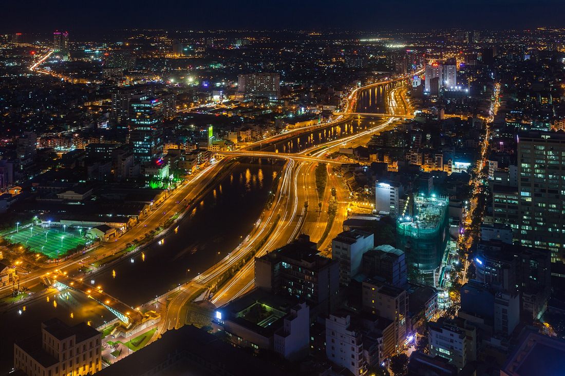 Ho Chi Minh City lit up at night from above