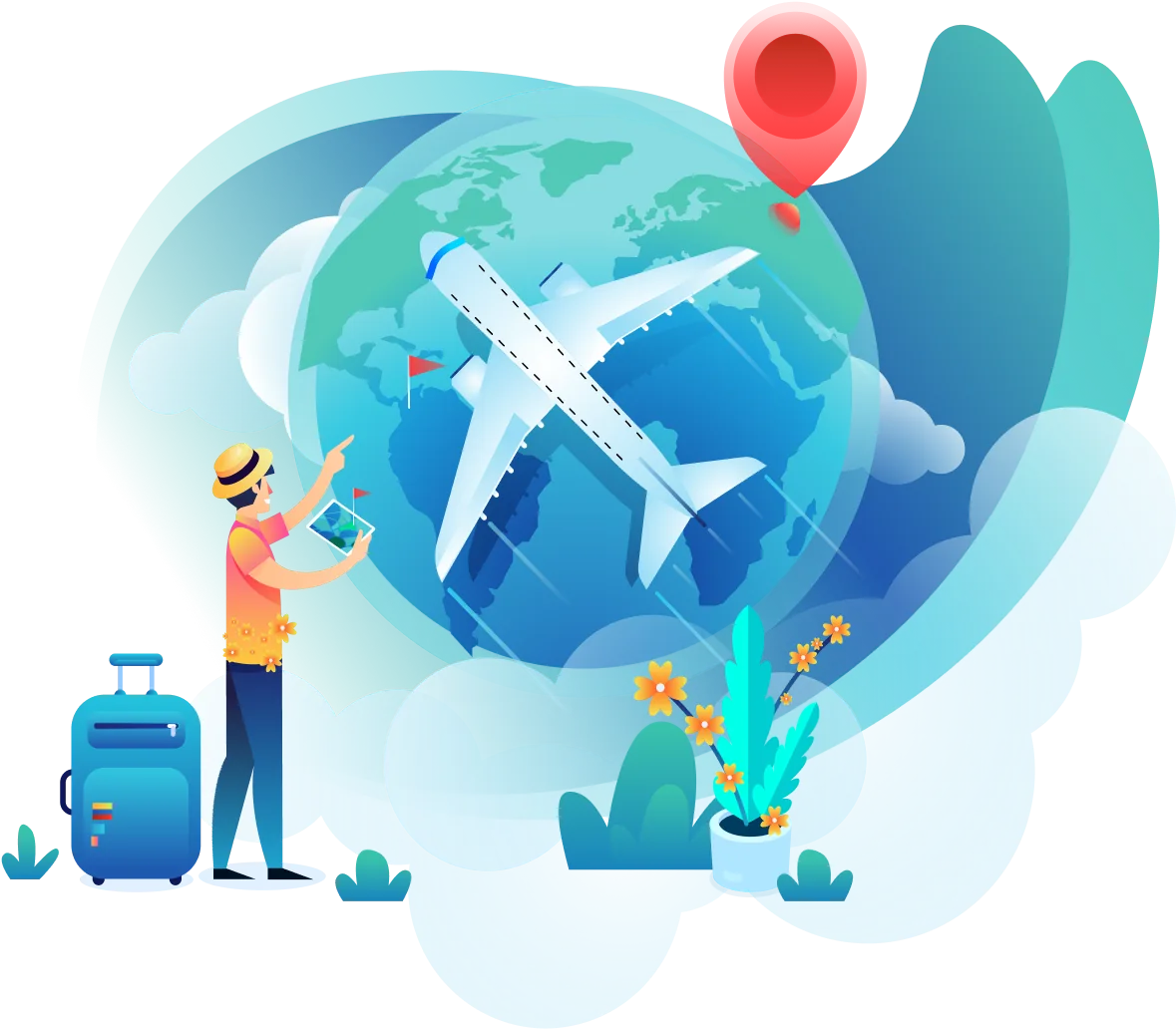 Illustration of a traveller planning a route around a globe