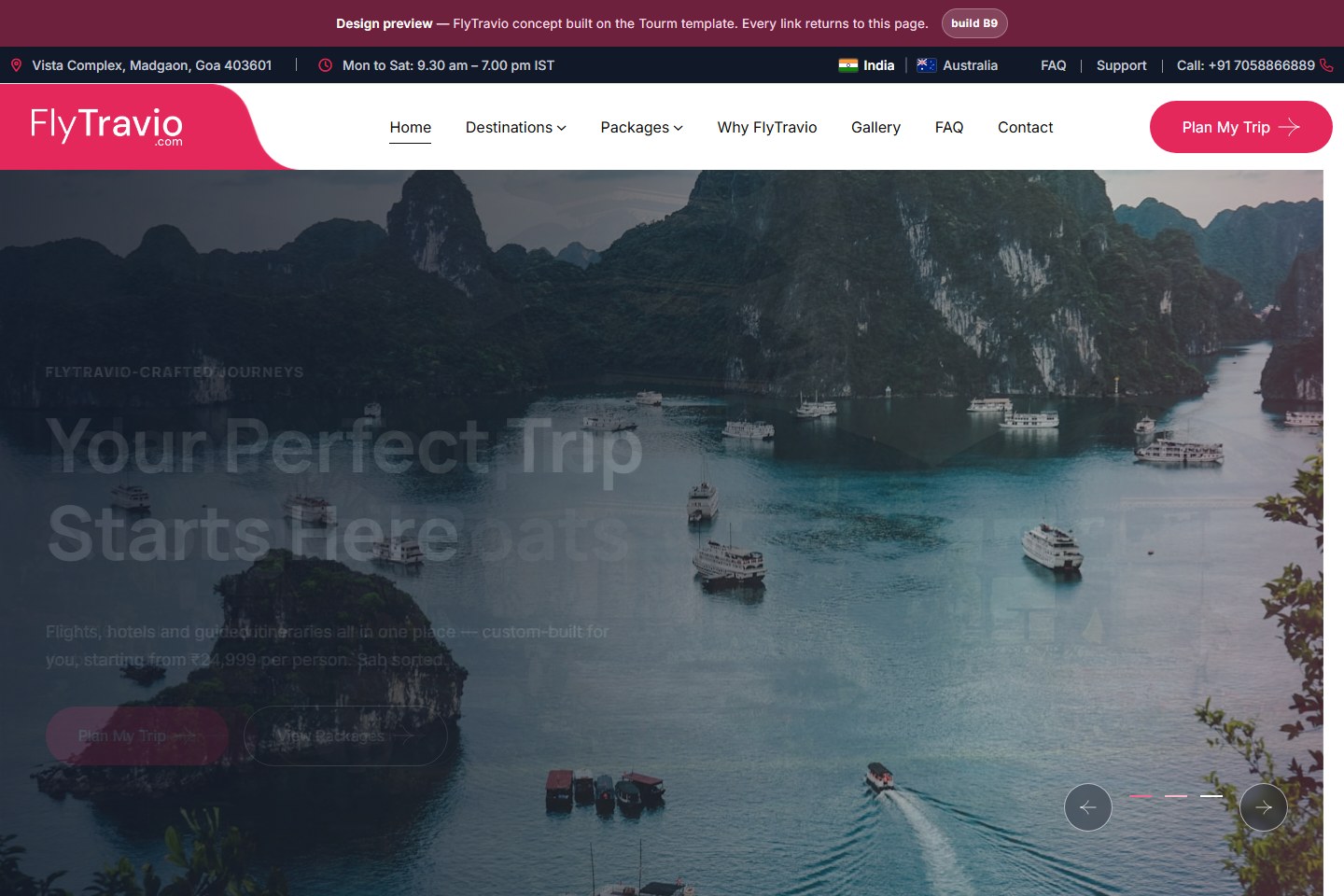 Demo 2 homepage: full-bleed photo of a Balinese lake temple behind the headline 'Your Perfect Trip Starts Here', with a crimson FlyTravio header.